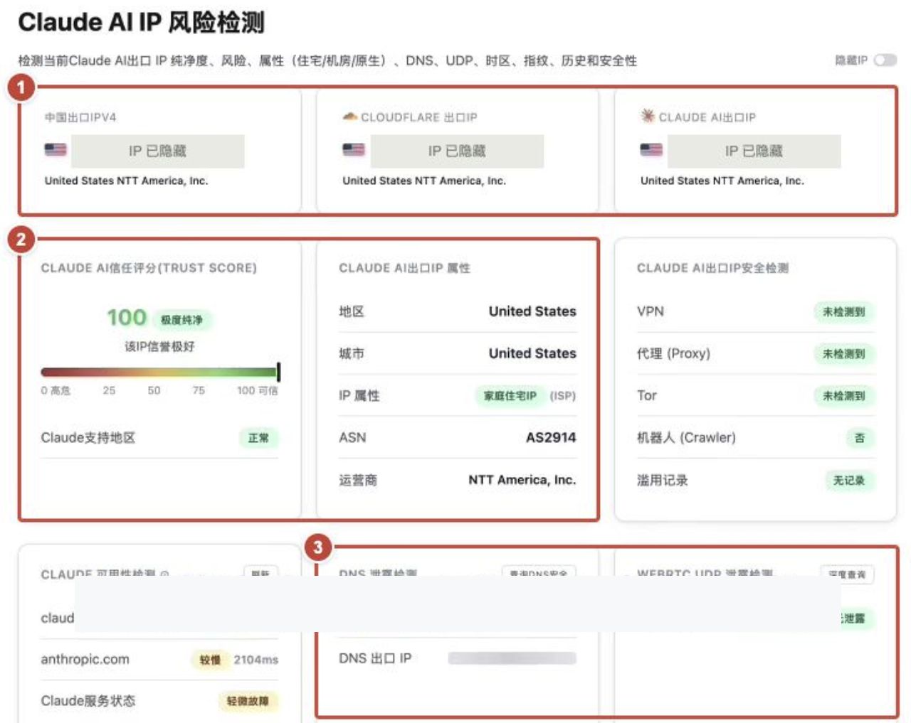 出口 IP、网络属性、DNS 和 WebRTC